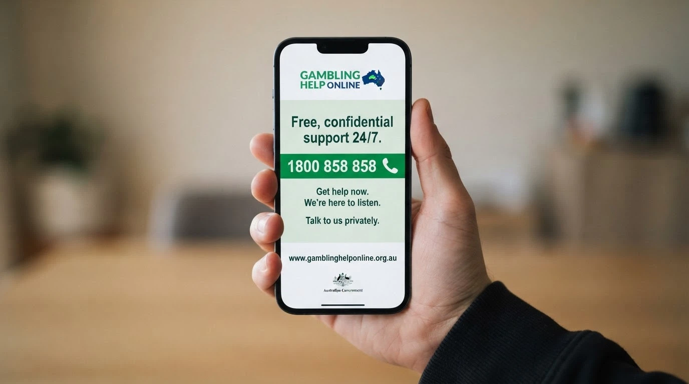 A close-up of a phone displaying the Gambling Help Online homepage with the 1800 858 858 helpline number visible