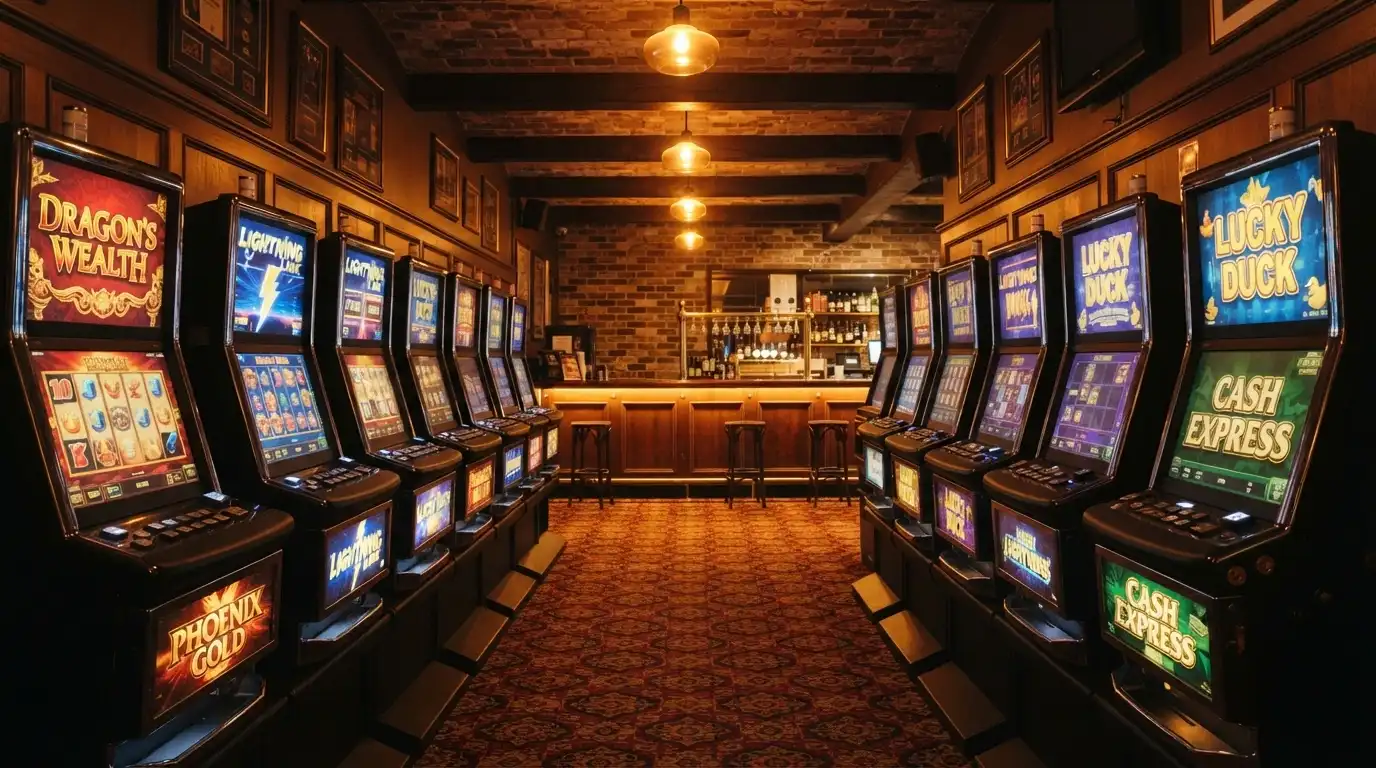 A dedicated gaming room inside a Melbourne CBD pub with poker machines lined against the walls